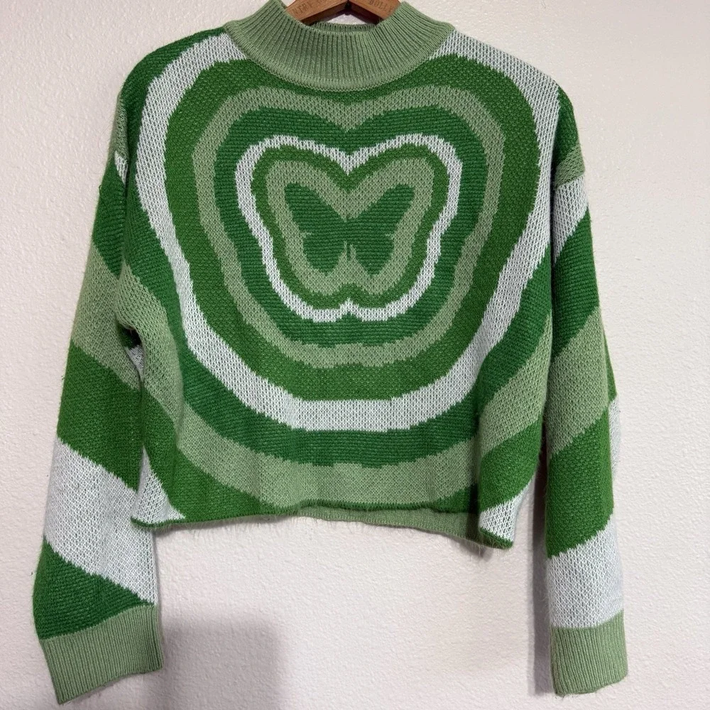 DIVIDED H&M Sweater Women Sz XS Green White Butterfly Cropped Boxy Knit Pullover